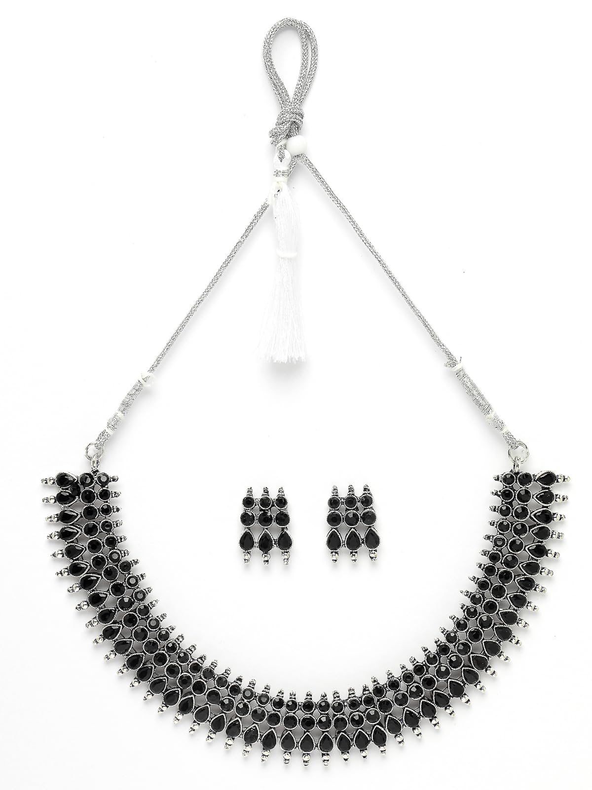 Sukkhi Fashionable Non Precious Base Metal Silver Oxidised Black AD Stones Studded Choker Necklace Set with Studs Earrings|Jewellery Set for Women and Girls|NS105991 (B0CPPCXRQG) Amazon Price History, Amazon Price Tracker