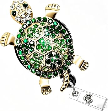 Turtle Badge Reel Retractable with Alligator Clip, Bling Rhinestone ID Badge Holder for Nurses, Emerald Green Crystal Jewelry Badge Reel for Women Green