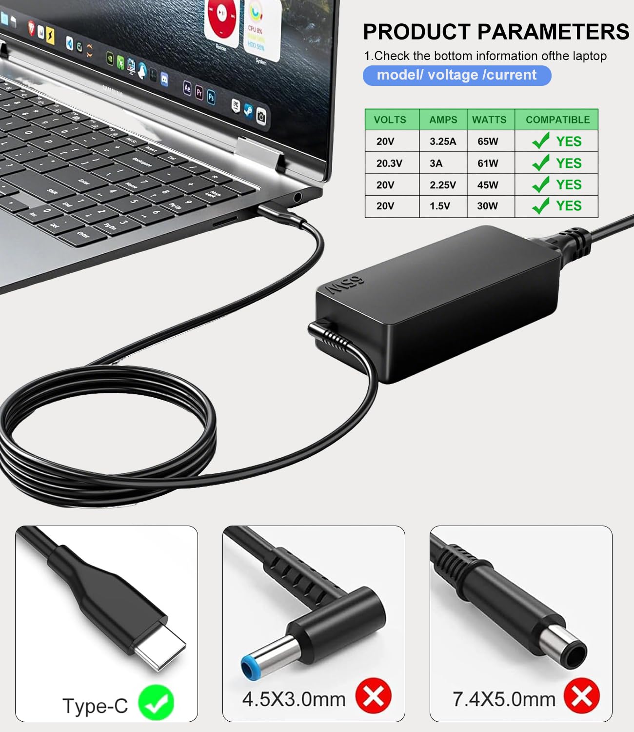 Cluvox USB C 65W 45W AC Replacement laptop Charger,Compatible with Lenovo ThinkPad T14 T15 T480 T480S T490 T490S T580 T590 E490 Chromebook 100e 300e S330 Yoga 720 910 920,Laptop Power Supply Adapter — view 3