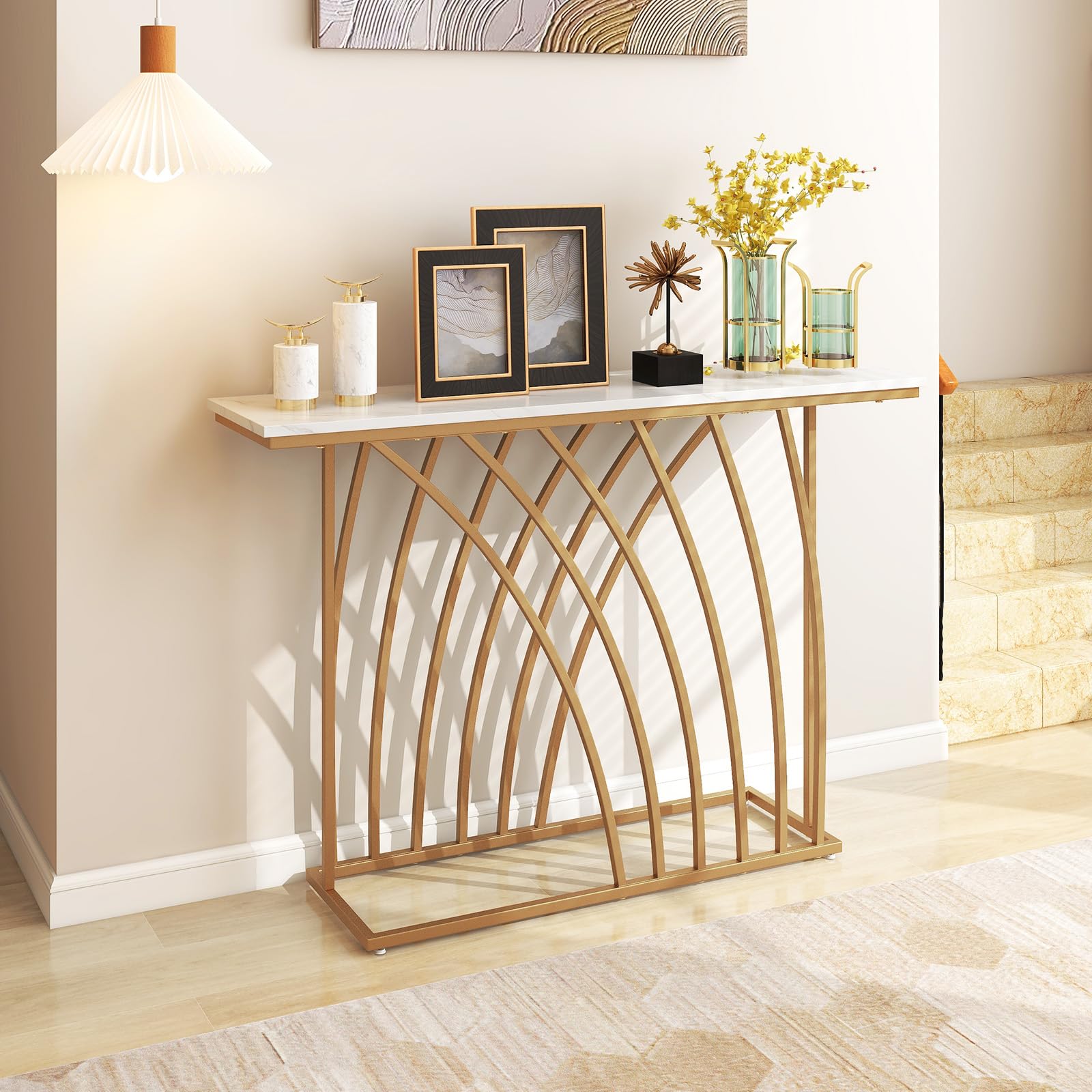 LIFEZEAL Tavolo Console Moderno, Effetto Marmo, Tavolo d’Ingresso, Telaio in Metallo, Piedini Regolabili, Salvaspazio, Corridoio, Soggiorno, Entrata, Max 20kg, 120x30x80cm, Oro