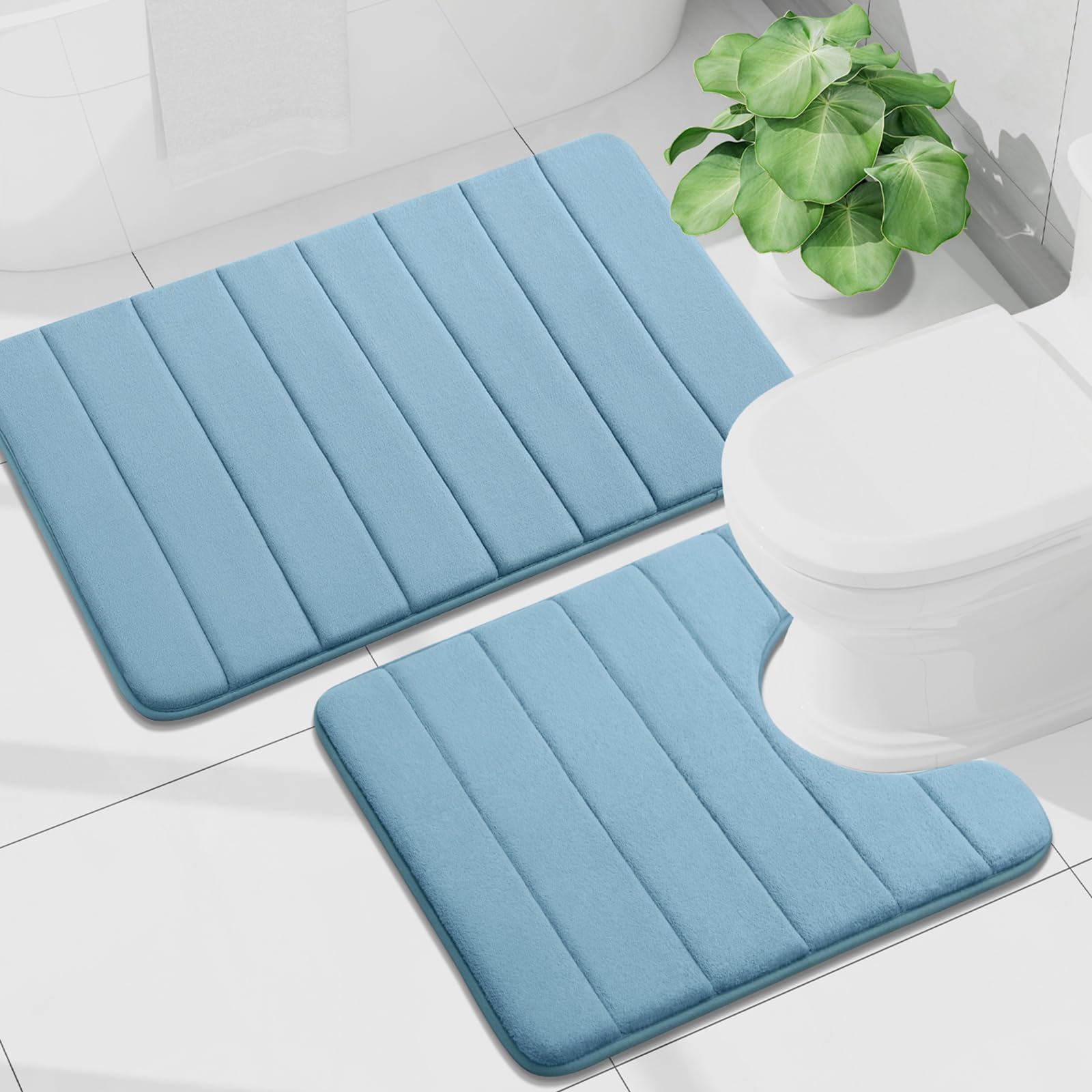Buganda Bathroom Mat Set, 2 Piece Memory Foam Bath Mat and U-Shaped Toilet Rug, Machine Wash Dry, Soft Non Slip Absorbent Bath Rug for Bathroom,