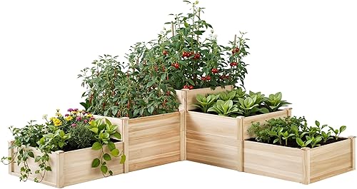 AMERLIFE Cama de jardín elevada de 3 niveles, maceta de madera de abeto de 28 pulgadas de profundidad para jardinería al aire libre con divisores,