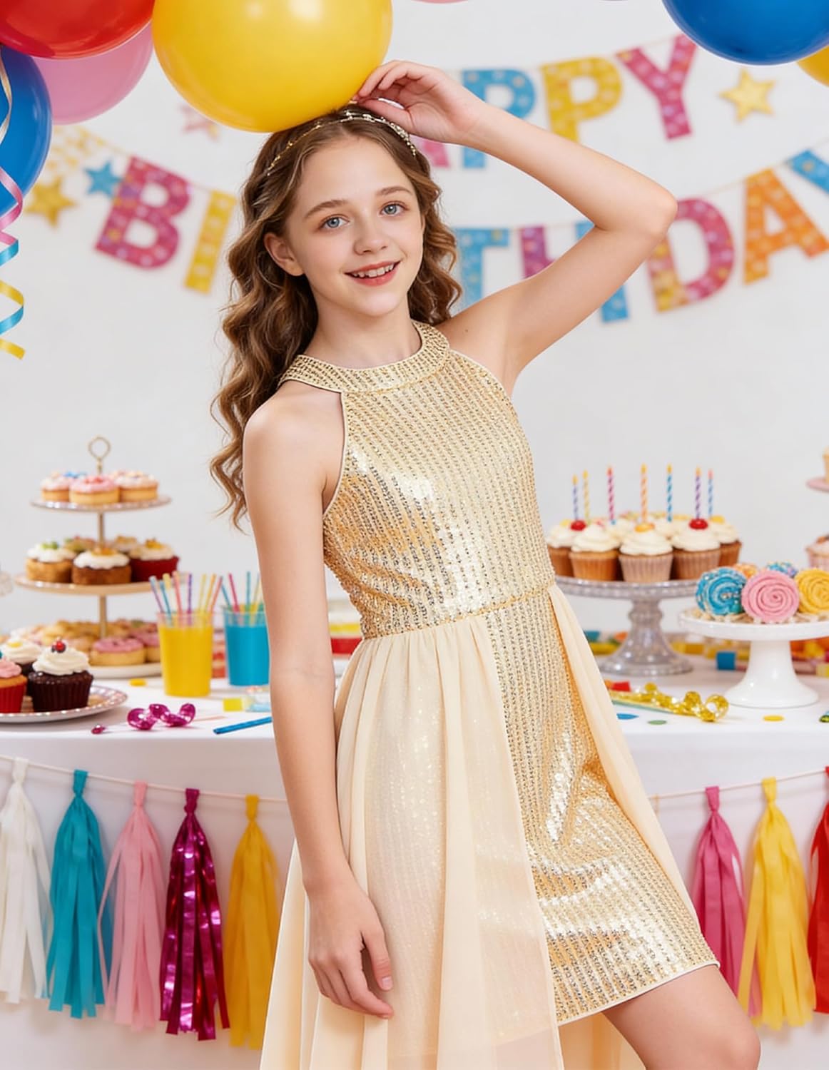 GRACE KARIN Girls Halter Neck Sequin Dress 6-14Y Kids Fancy Formal Party Christmas Sparkly Pageant Birthday Dresses - Image 3