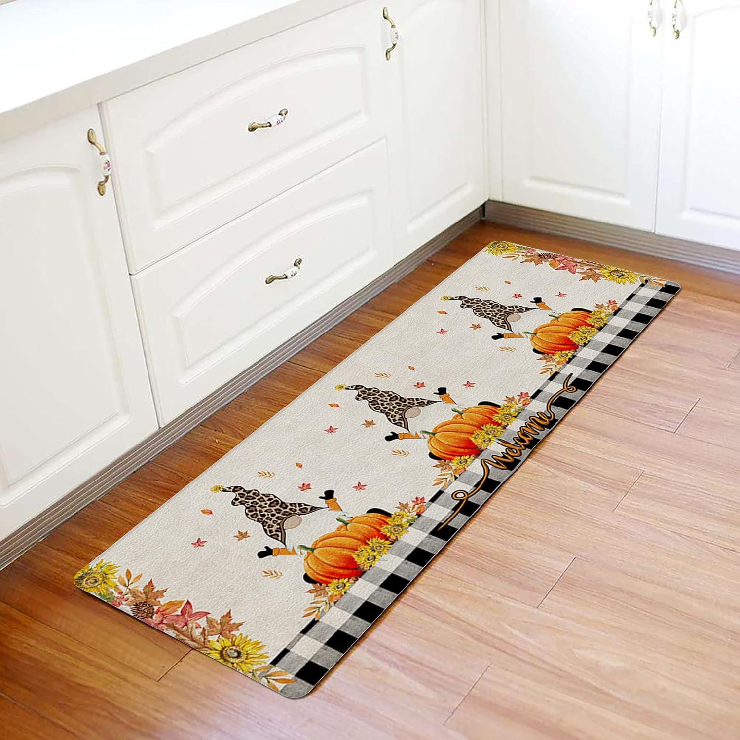 Kitchen Rugs, Thanksgiving Fall Gnome with Pumpkin Autumn Leaf Black Kitchen Rug