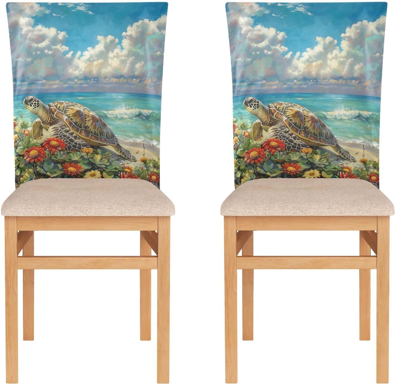 ALAZA Turtle Flowers Beach Chair Back Cover Set of 6, Washable Reusable Removable Chair Slipcovers Decorative Chair Cover for Home Kitchen Wedding Party