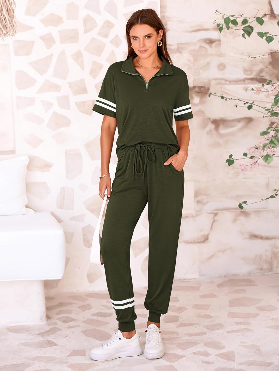 MASCOMODA 2 Piece Outfits for Women 2026 Summer Casual Quarter Zip Short Sleeve Tops Long Pants Tracksuit Jogger Lounge Sets - Image 6