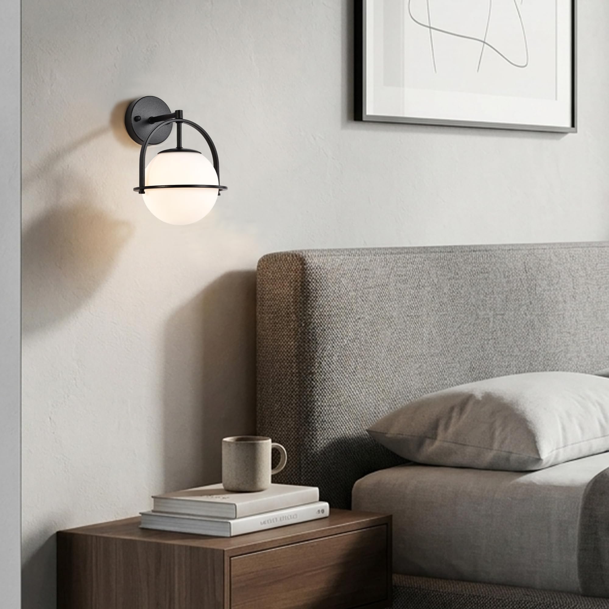 Alighting Wandleuchte Innen Schwarze mit 15 cm Milchglasschirm | Badezimmer Wandbeleuchtung Wandlampe Kugel für Flur Schlafzimmer Treppenhau, E14