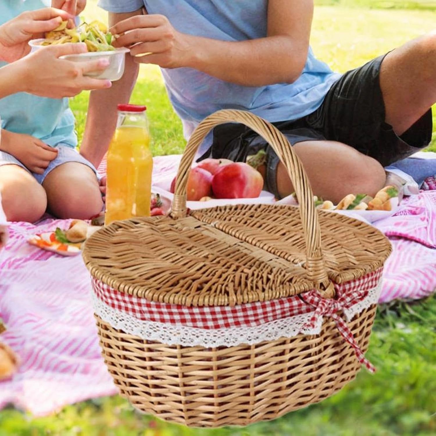Wicker Picnic Basket,Rattan Storage,Serving Basket with Lid and Handle,Wicker,Woven Basket for Park Parties Hiking,Wedding, Red White, Medium