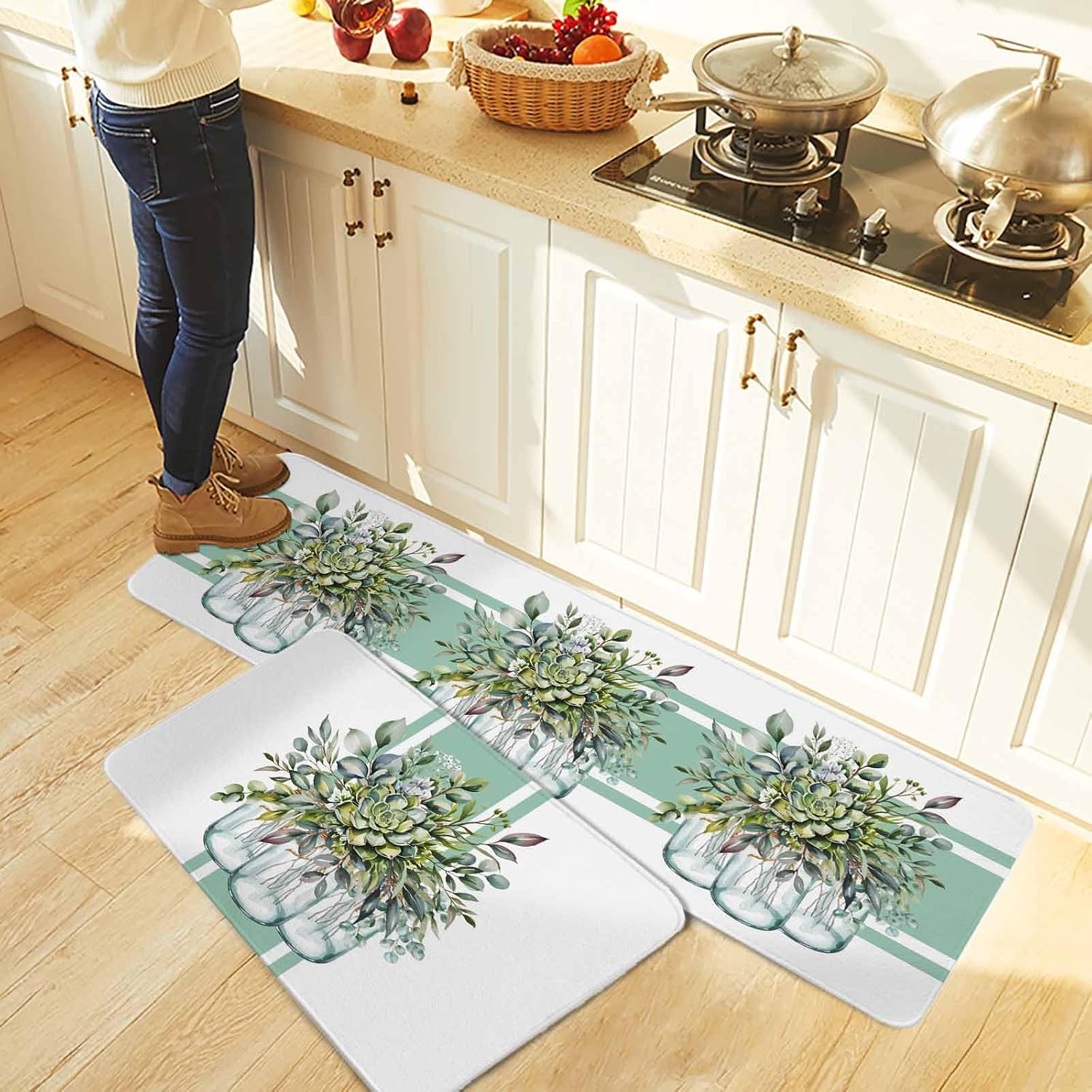 Sage Green Eucalyptus Leaves Kitchen Rugs and Mats Set of 2, Non-Slip Kitchen Sink Mat, Pastoral Summer Botanical Elegant Washable Doormat Bathroom Rugs Runner for Bedroom 19.7"x31.5"+19.7"x47.2"