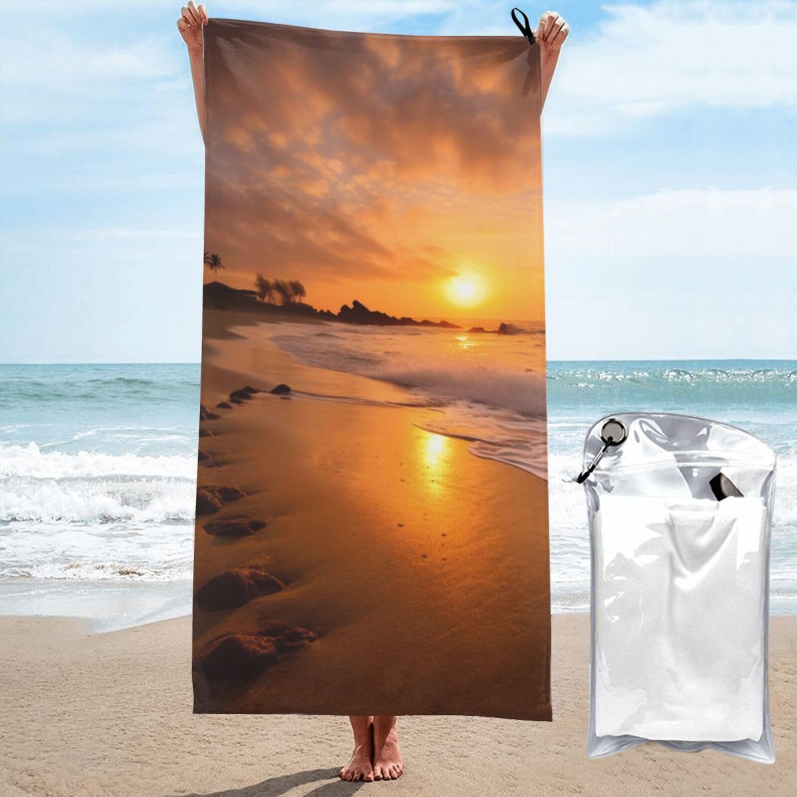 BWWHCCTI Beach Sunset Printed Microfiber Quick Dry Beach Towel 80x160 CM, Fast Drying Bath Towels with Bags for Travel,Camping,Gym,Beach,Swimming,Yoga