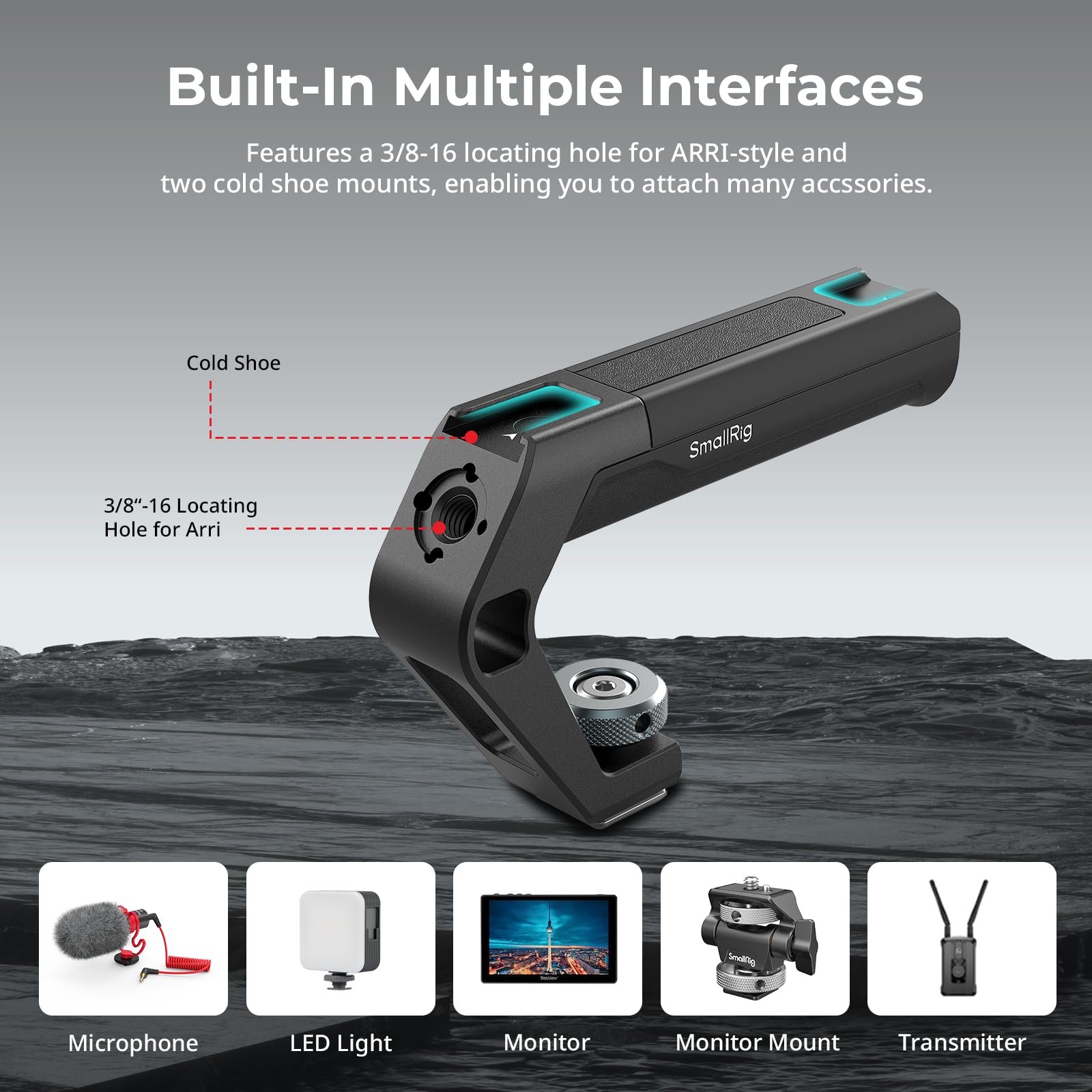SMALLRIG Manico leggero per slitta fredda, piccola impugnatura superiore per fotocamera, solo 113 g, impugnatura con foro di posizionamento per ARRI e due supporti per slitta fredda, per fotocamera e