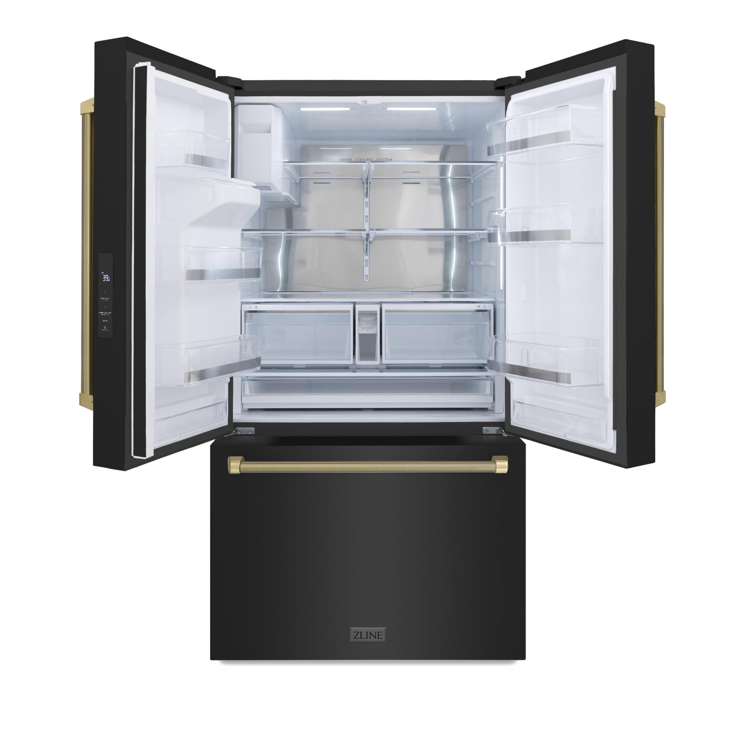 ZLINE Autograph Edition 36 In. 28.9 Cu. Ft. Standard-Depth French Door External Water Dispenser Refrigerator With Dual Ice Maker In Fingerprint-Resistant Black Stainless Steel And Bronze Helix Handle on Fridge.com - View 2