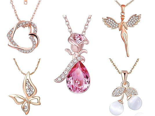 Om Jewells Valentine Imitation Jewellery Pendant Necklace Embellished with Pink & White Crystal Elements for Women (CO1000294, Rose Gold) Combo of 5 (Silver)