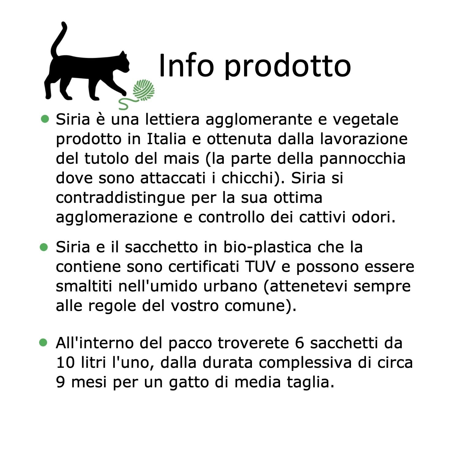Siria 60L-Lettiera per Gatti Vegetale e Agglomerante-Set 6 sacchi da 10 Litri
