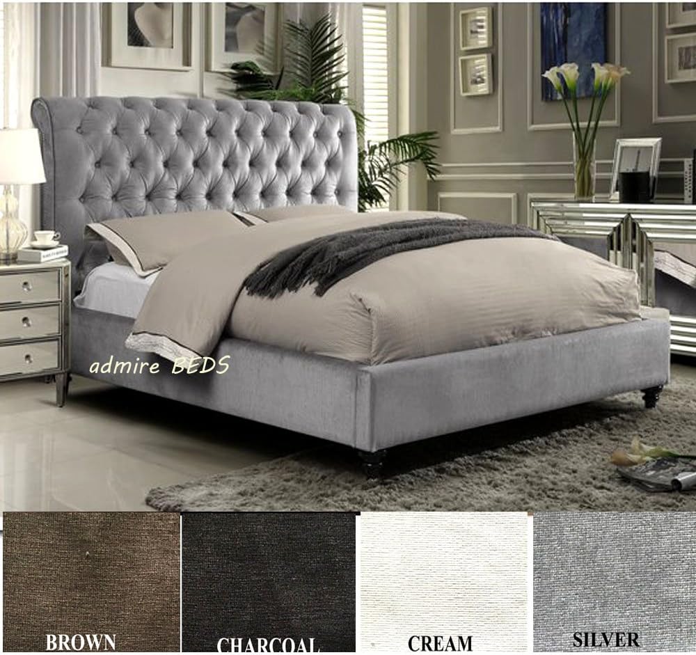 Rome New Luxury Quality Upholstered Chesterfield Design Sleigh Bed Frame in stunning Silver Naples Suede (British Velvet) Fabric 5 Ft (King Size)