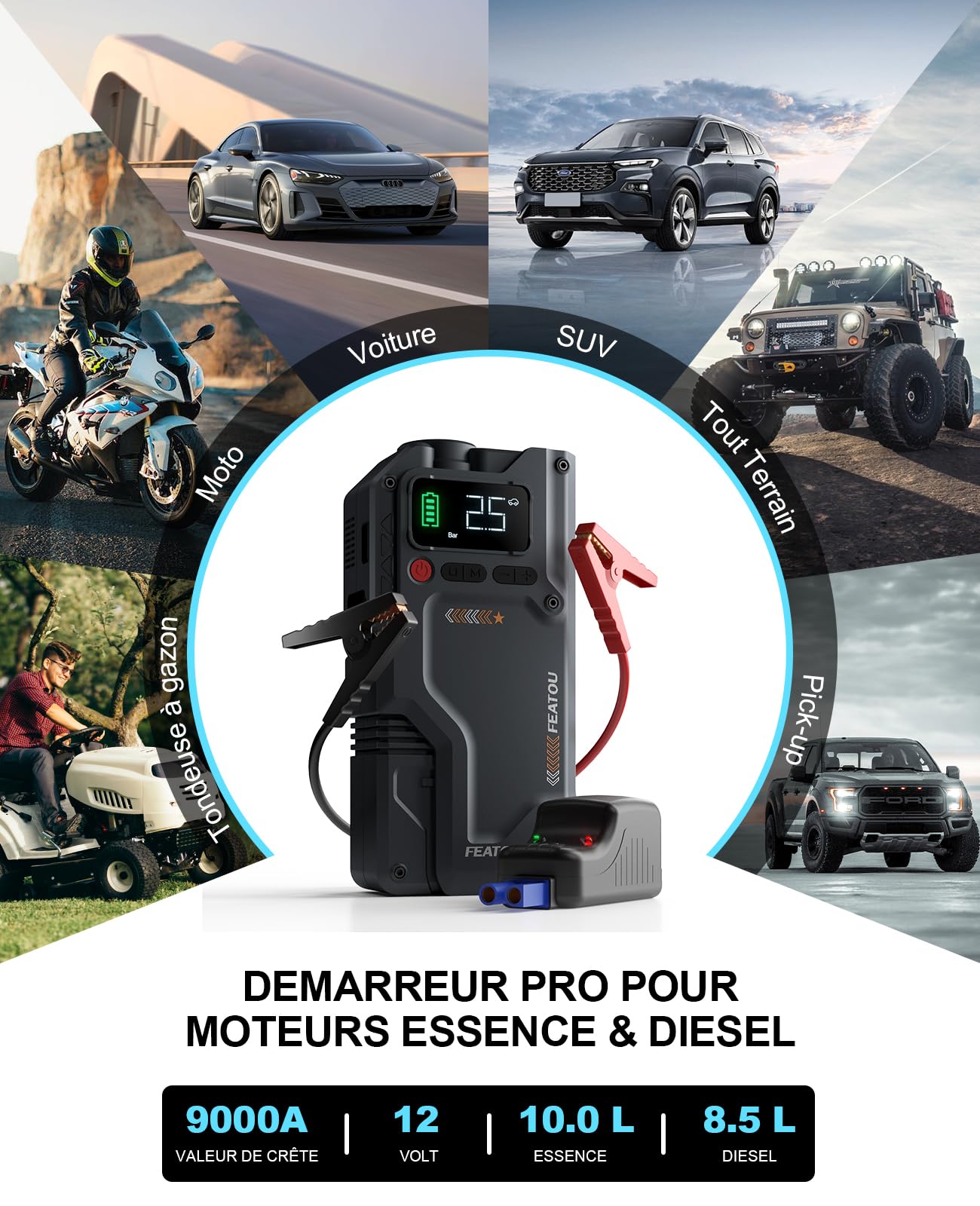 Booster Batterie Voiture 9000A avec Compresseur 150PSI Démarreur 12V et LED