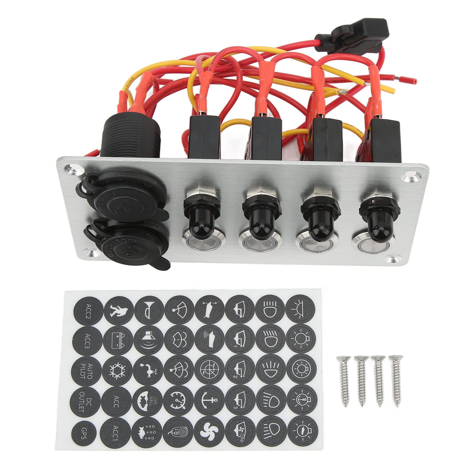 Pannello Interruttori per Barche Marine, Pannello Interruttori a Bilanciere Pannello Interruttori a Pulsante 4 Gang con Interruttori Automatici Presa Accendisigari Porta di Ricarica USB Retroilluminaz