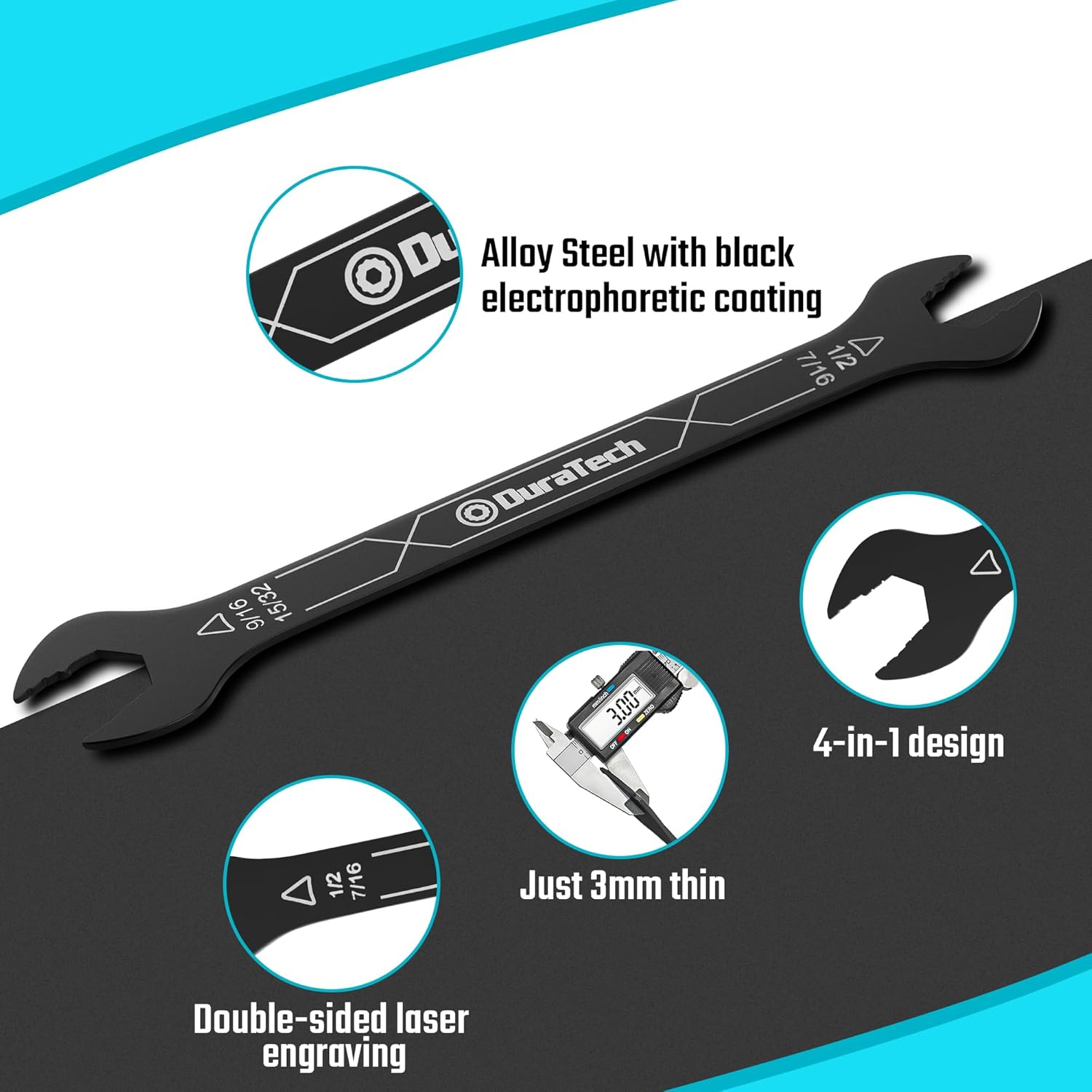 DURATECH 4-in-1 Super-Thin Open End Wrench Set, 3-Piece, 12 Sizes, SAE, 1/4" to 13/16", And Super-Thin Open End Wrench Set, Metric, 8-Piece, 5.5-27mm