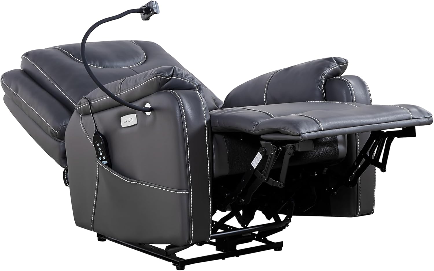 The recliner fully extended in a reclined position, showing the footrest