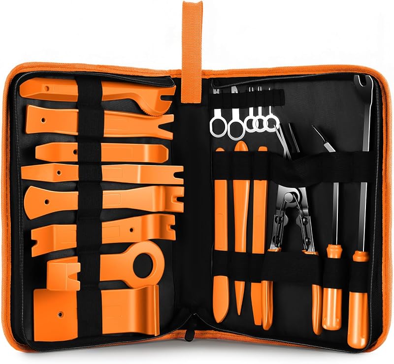 Kit de Ferramentas para Remoção de Acabamentos Automotivos DNA MOTORING TOOLS-00248 com Alicate para Grampos, Ferramentas para Estofamento e Bolsa, Laranja, 19 peças