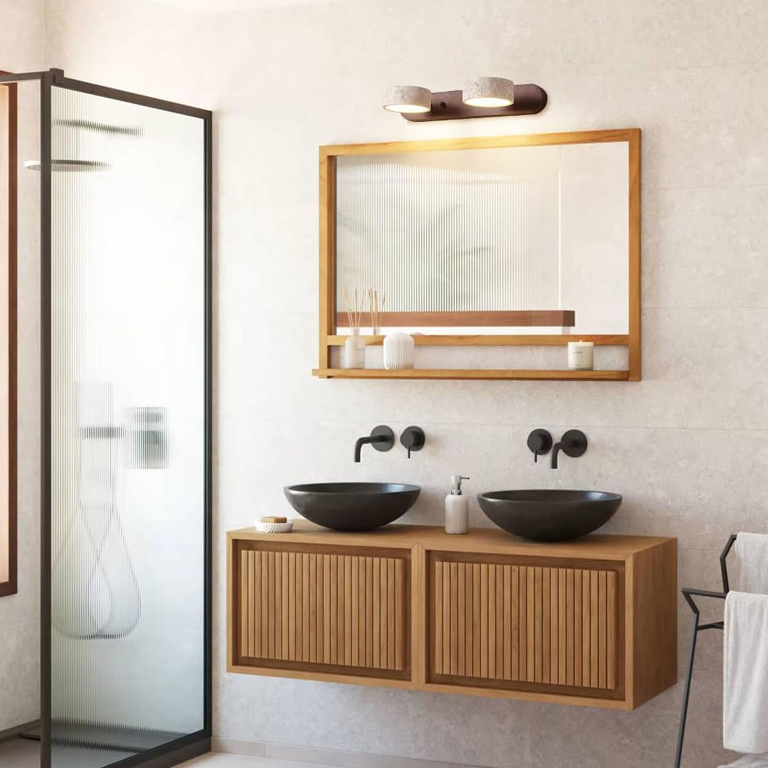 Aplique de Baño LED Giratorio 180° de Madera Natural y Travertino Amarillo - para Espejo de Vanity | 2, 3 o 4 Luces | Lámpara de Pared para Baño y Dormitorio (Madera de nogal, A32cm)