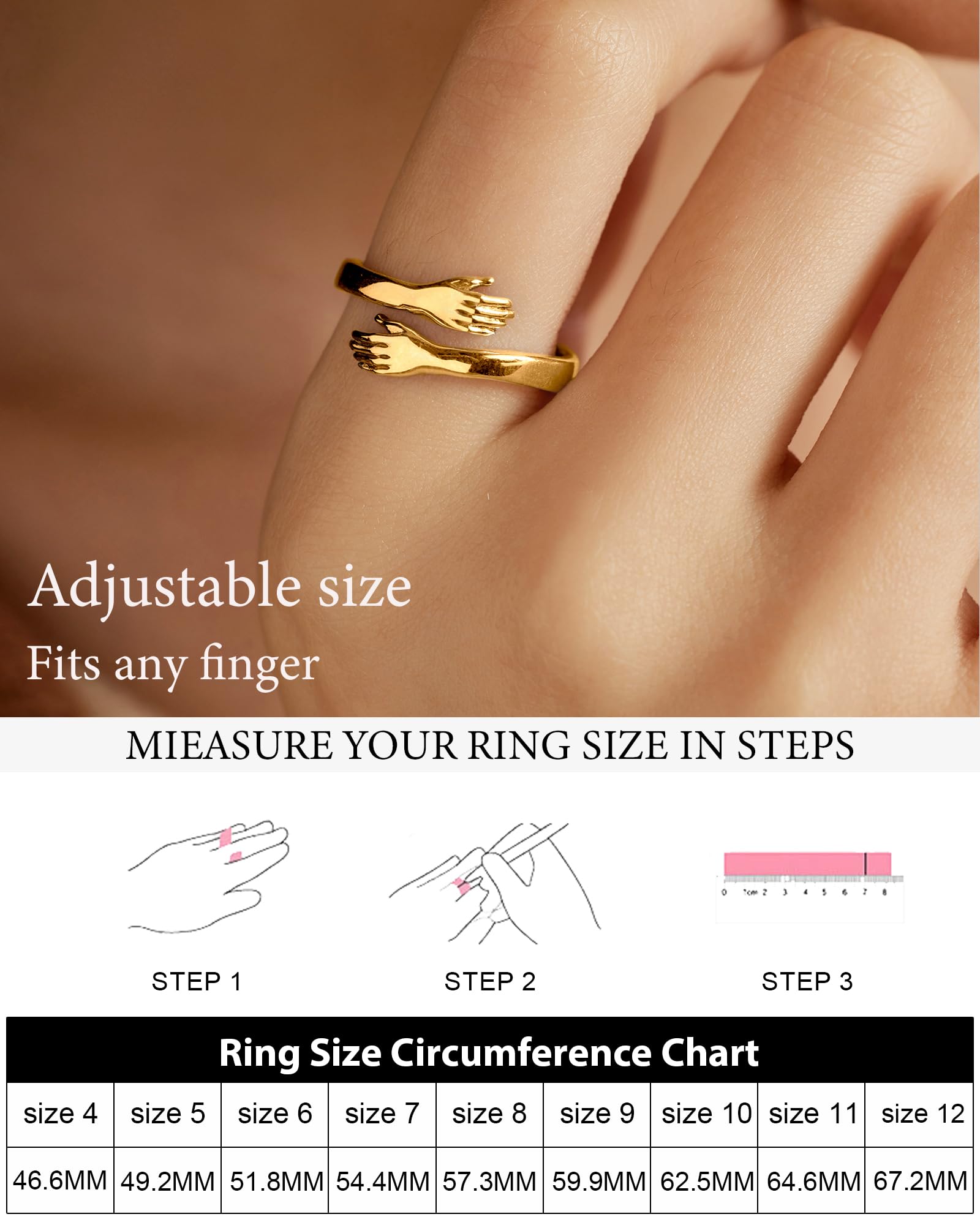 LOVECOM Anillos de plata de ley S925 para mujer, ajustable, abrazando, con manos de esperanza, anillo de amistad, joyería de cumpleaños, regalos de graduación para mamá, esposa, hija, abuela, amigos