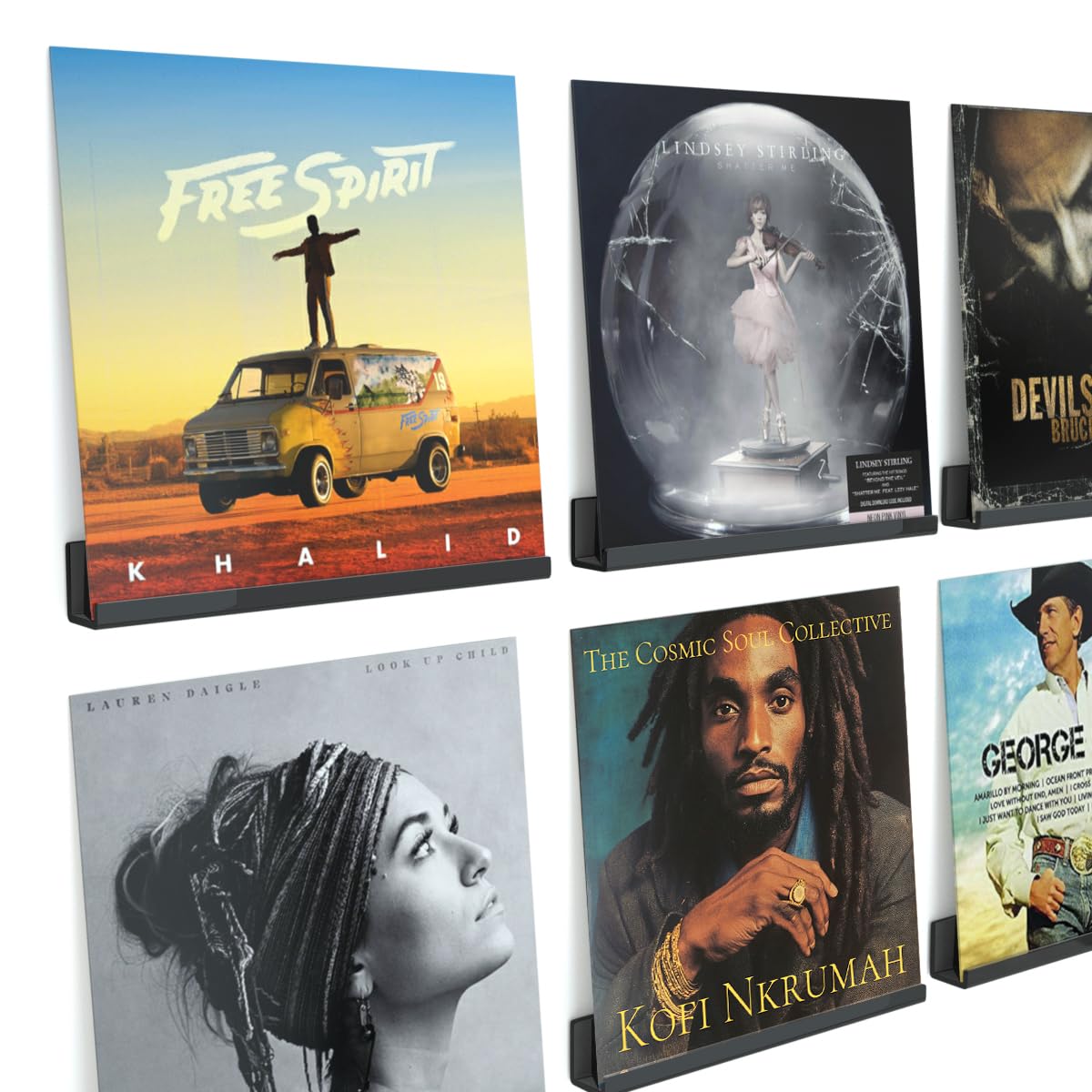 NIUBEE Acrylic Vinyl Record Rack mounted on wall, holding several LP record sleeves | Mubboo