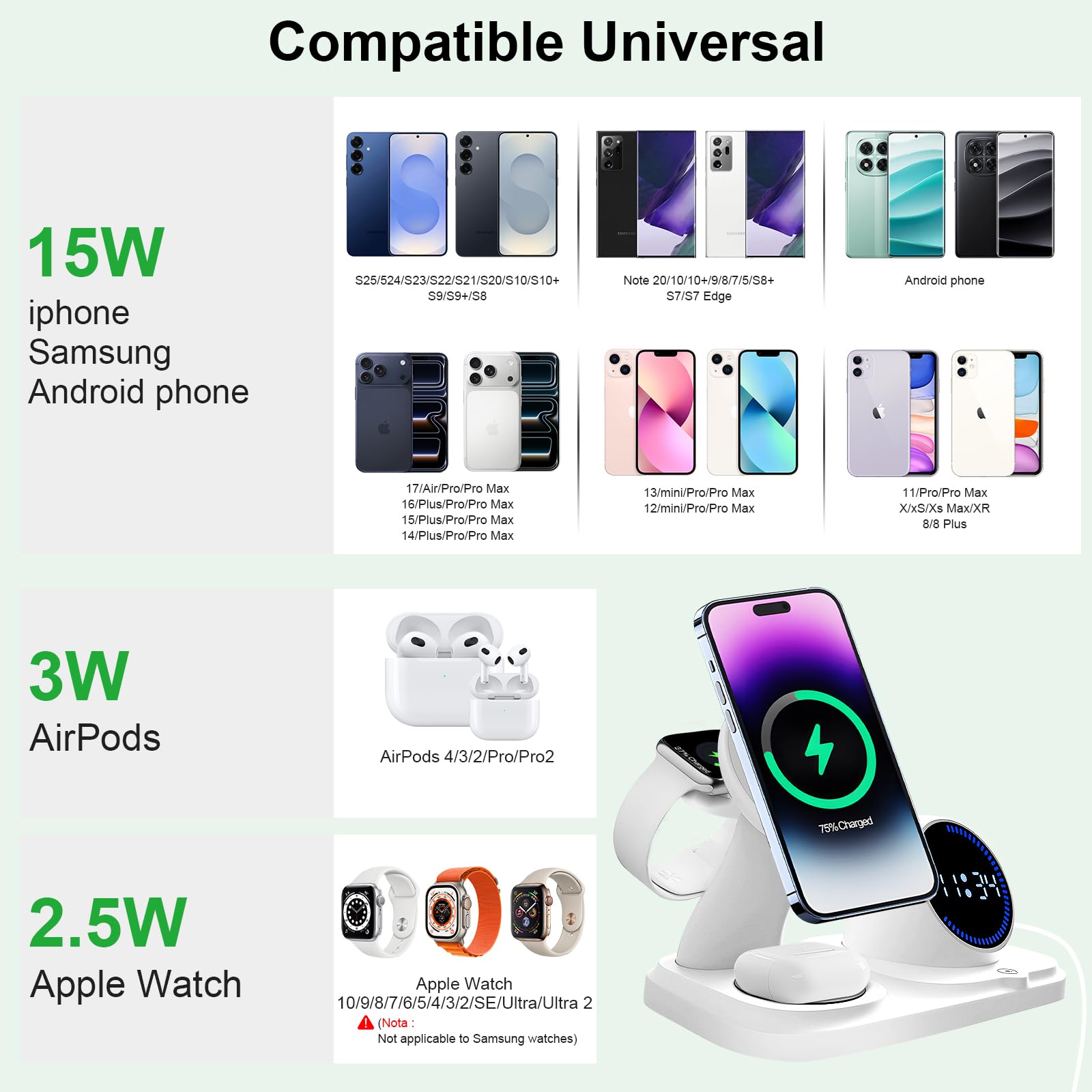 6 en 1 Cargador inalámbrico para iPhone con Altavoz Bluetooth, estación de Carga rápida para iPhone 17/16/15/14/13/12/11/Pro/Max/Plus, para Apple Watch y AirPods - 3