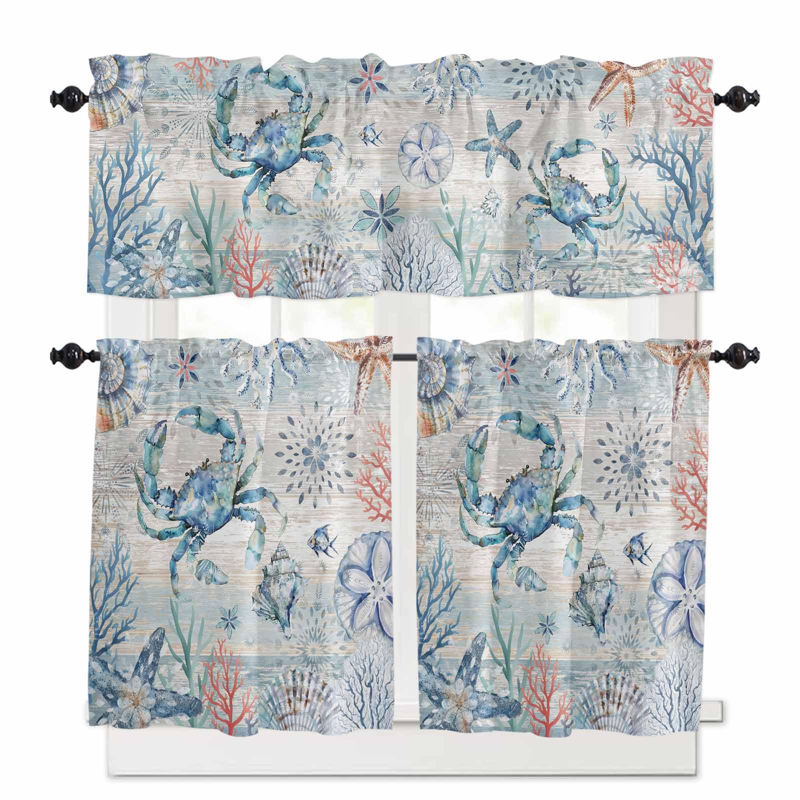 Coastal Crab Kitchen Curtains 36 Inch Length,3 Piece Rod Pocket Small Half Tiers and Valance Set,Nautical Beach Ocean Conch Coral Starfish Small Large Window Treatment Decor for Bedroom/Bathroom Sink