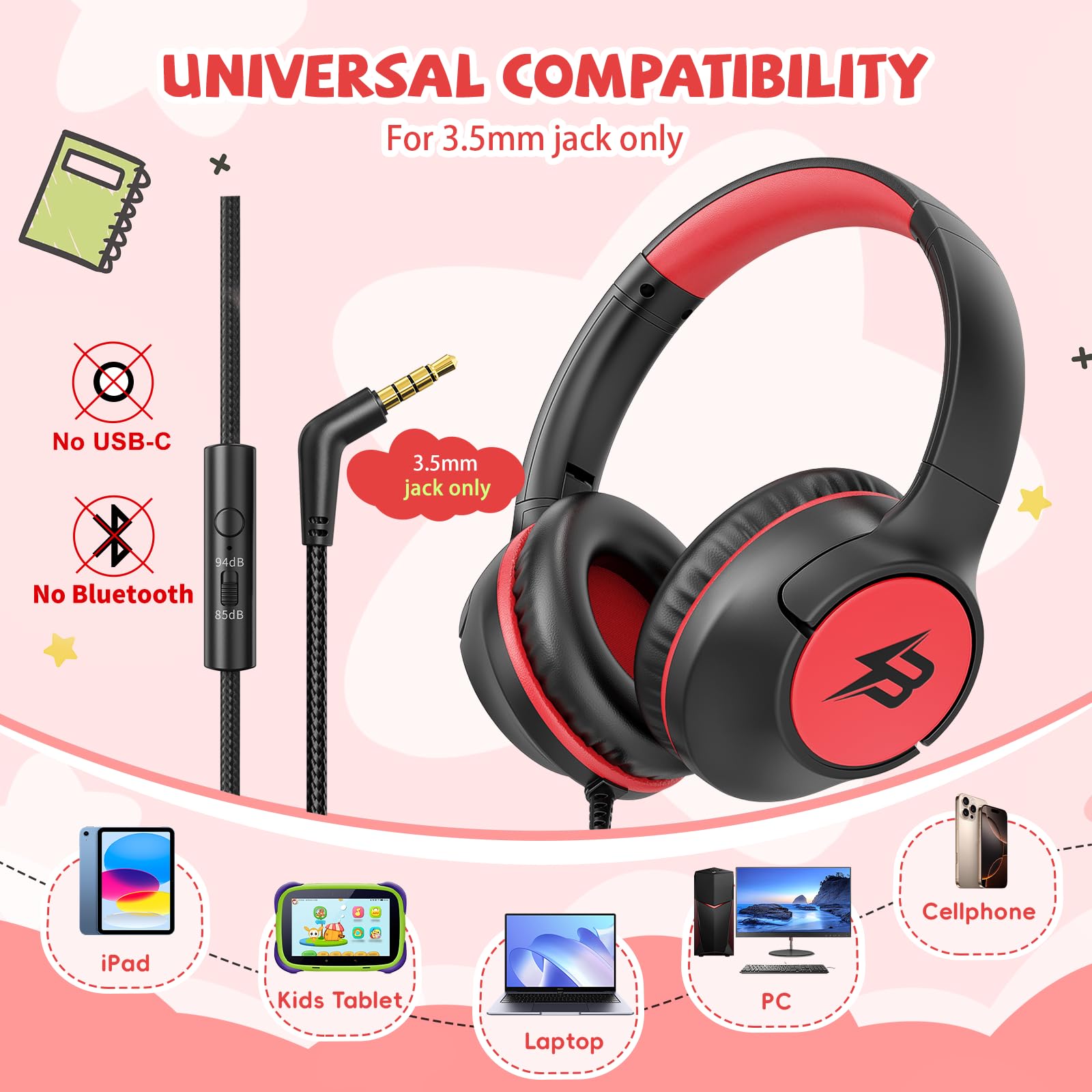 Cuffie per bambini cablate per scuola, limite di volume 85/94 dB, cuffie over-ear cablate per bambini, ragazzi e ragazze, con microfono, suono stereo, cavo da 3,5 mm, per tablet Kindle, viaggi in