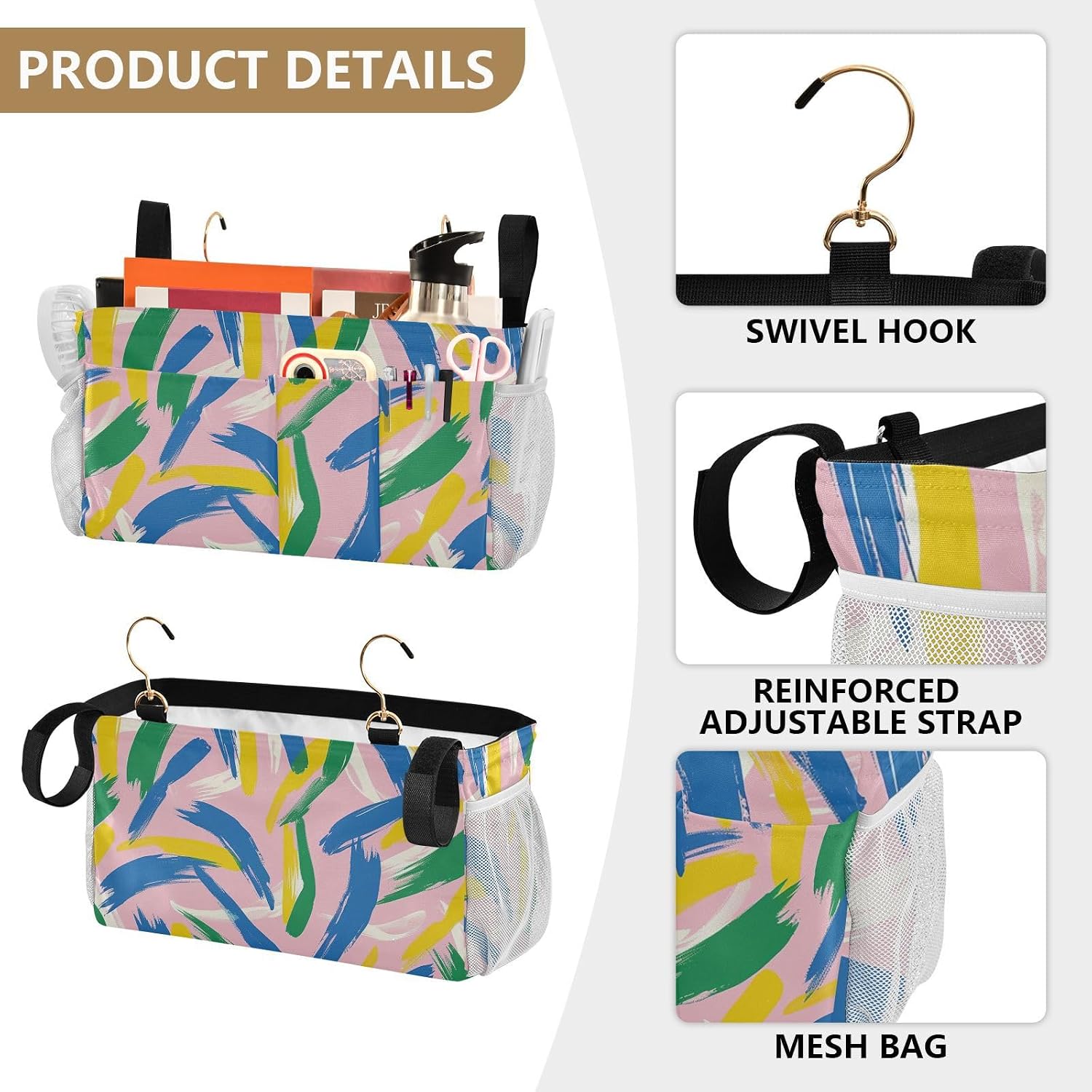 Bedside Storage Hanging Bag Organizer for Glasses Books Mobile Phones Keys Colorful Brush Strokes Pastel image 5