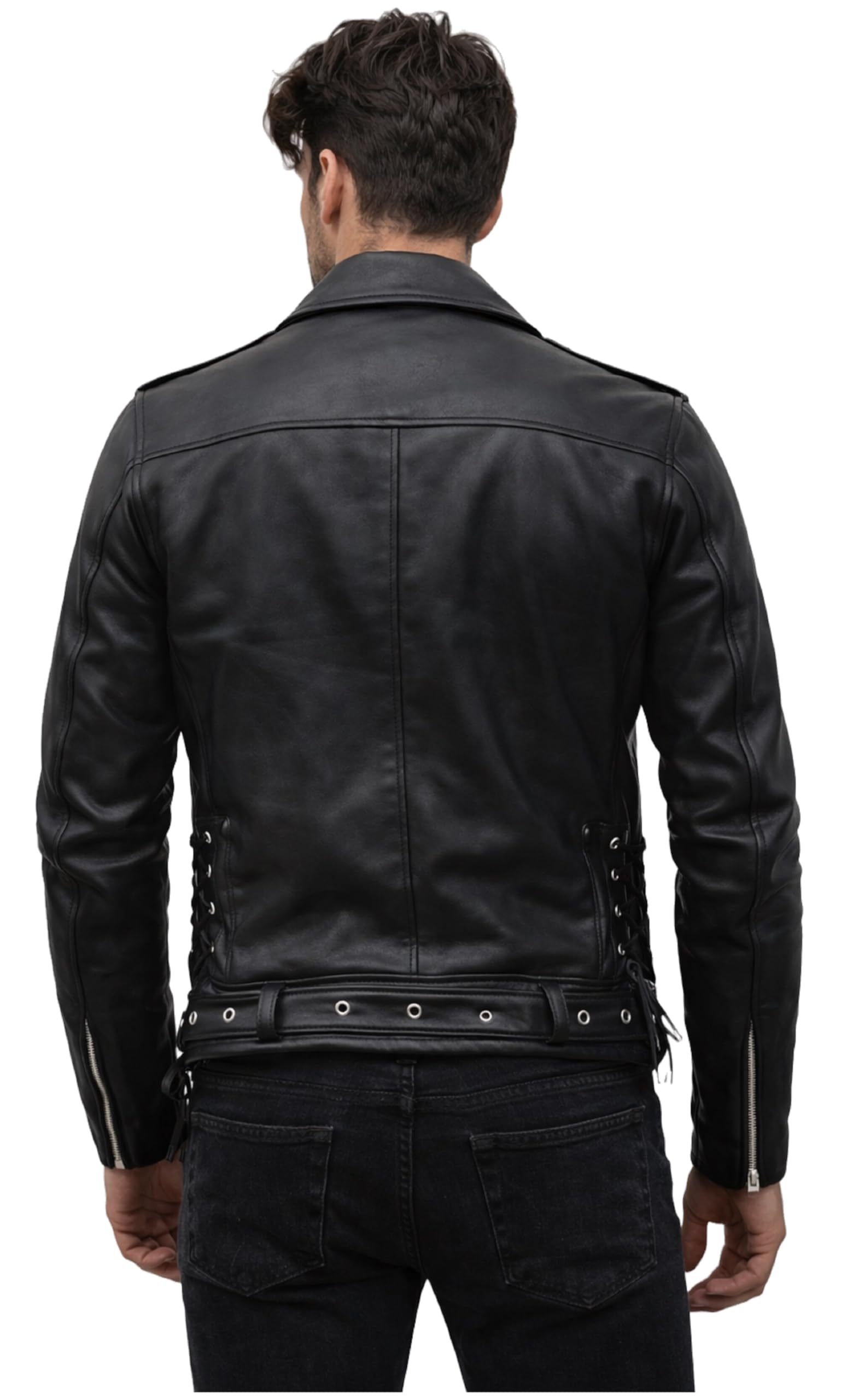 Chaqueta de cuero de primera calidad para motociclista clásica con cremallera asimétrica para hombre