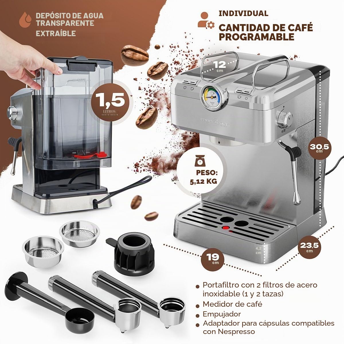 Cafetera espresso ProfiCook | cafetera espresso incl. portafiltro | bomba espresso italiana 20 bar | para café en polvo y cápsulas compatibles Nespresso | cafetera portafiltro | PC ES 1267