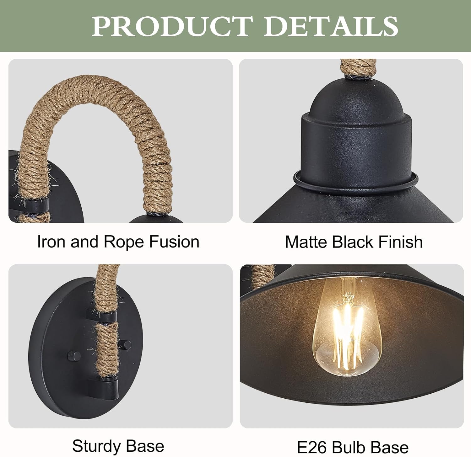 2 Pack Indoor Wall Light Fixture Black, Outdoor Wall Sconce Light with Hemp Rope, Industrial Vintage Wall Lamp for Bedroom, Living Room, Hallway, Covered Porch, E26 Socket, Hardwired