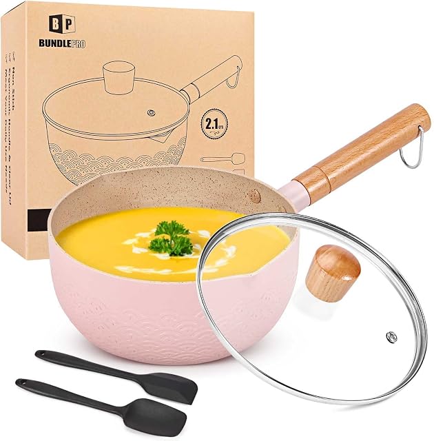 2.1 Quart Saucepan Set with Lid, Nonstick Aluminum Sauce Pot, Induction Compatible Small Cooking Pots with Silicone Spatulas for Milk, Soup, Pasta, Egg, Rice (PINK)