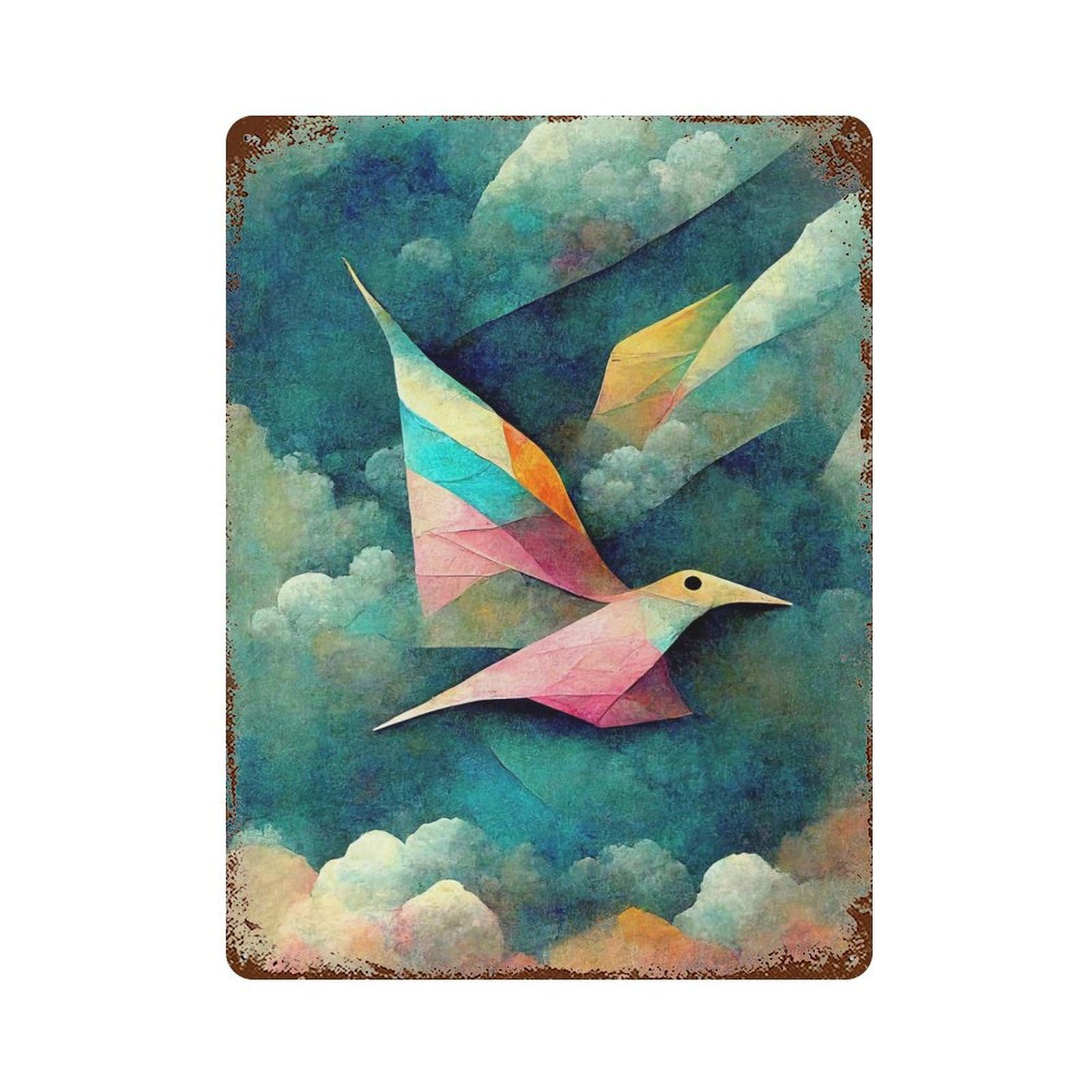 Flying Paper Bird 15.7"x11.8" Rustic Tin Plaque, Novelty Wall Decor for Living Room, Hallway And Home Decor