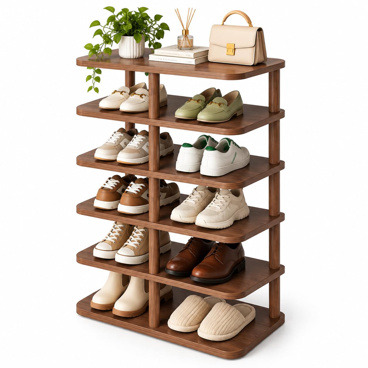 Shoe Rack 6-Tier Narrow Holds 12 Pairs Walnut