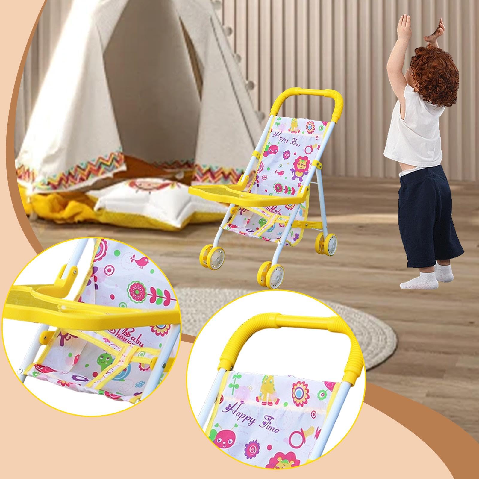 Puppenwagen, Spielzeug Kinderwagen, Lernspielzeug, Puppenwagen mit Rädern für Partys, Geburtstage, Spaziergänge Und, Gelb