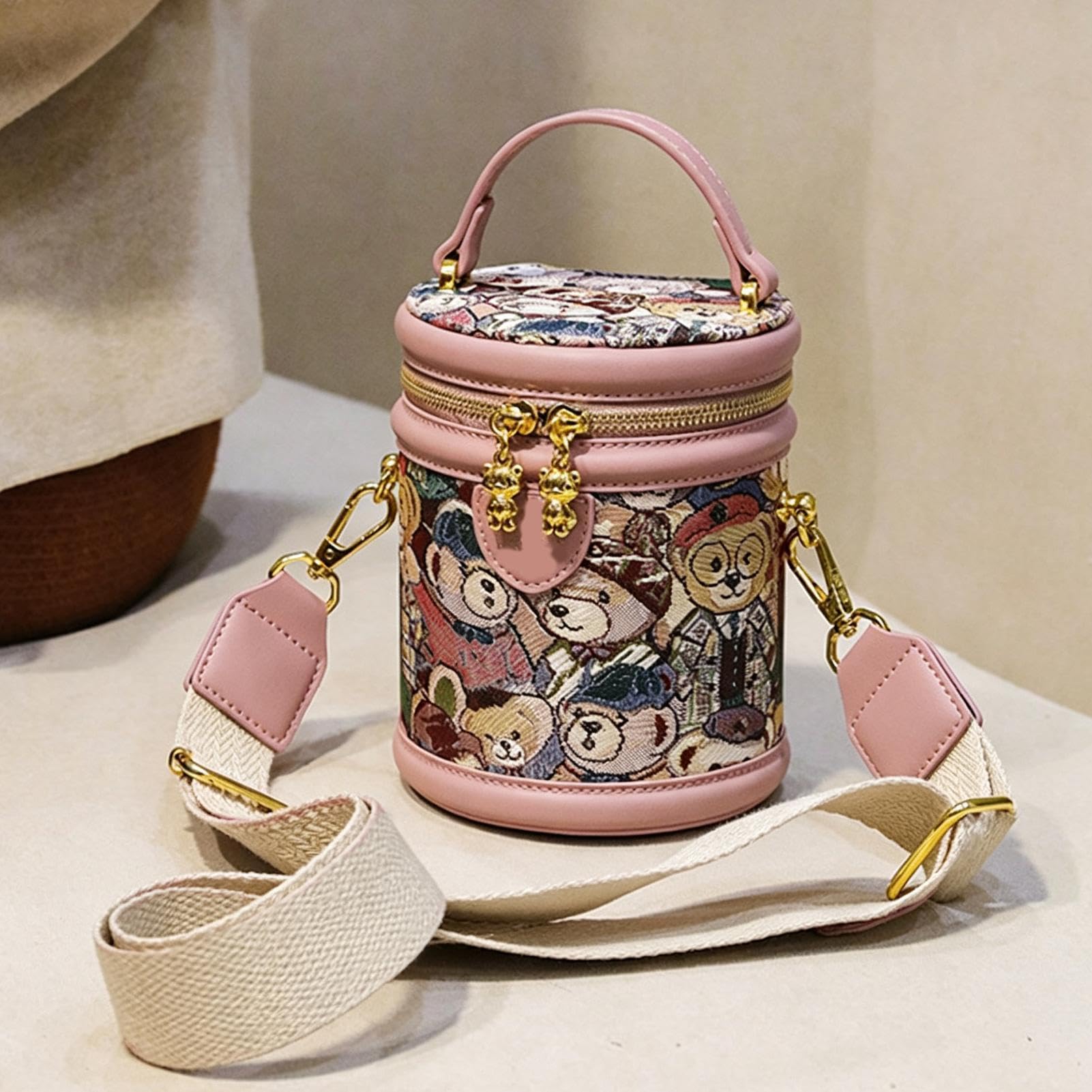 Torby bucket Bags dla kobiet, lekki, regulowany woreczek ze skóry PU z misiem