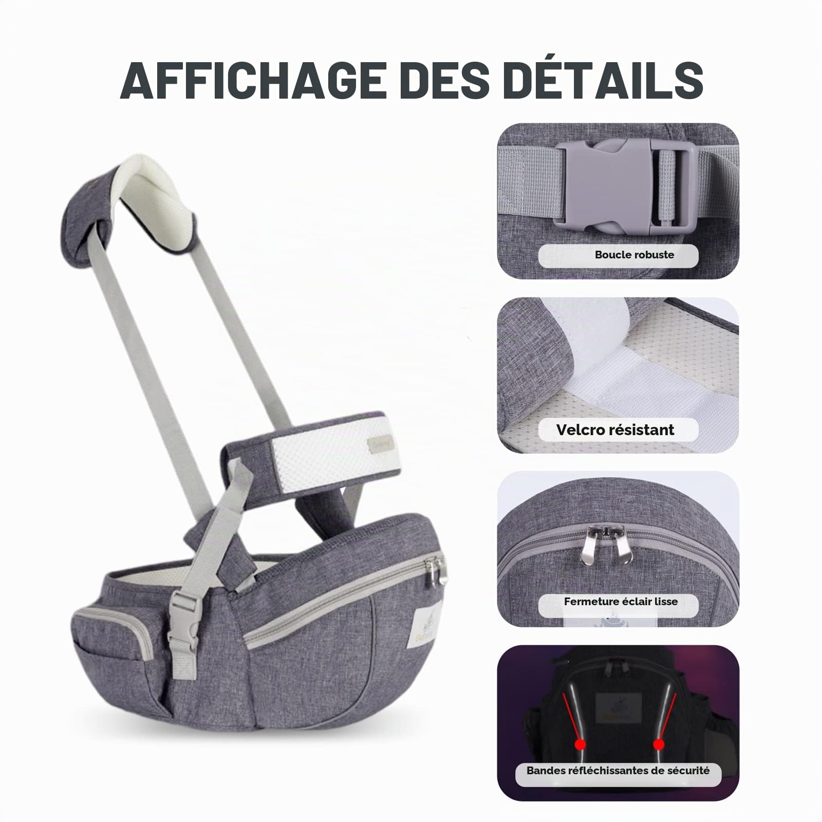 SONARIN Multifonctionnel Porte-bébé Siège de Hanche,Ergonomique Porte bébé Ventral Tabouret de Taille avec Ceinture de Sécurité & Bandoulière pour Nouveau-né Tout-Petit 0-24 Mois(Gris)