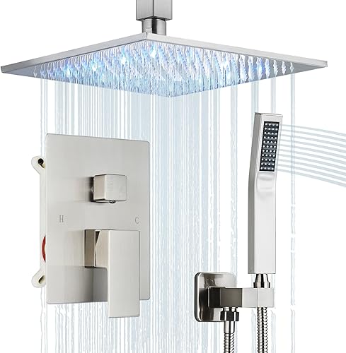 Sistema de ducha LED cuadrado de 12 pulgadas, juego de grifo de ducha con rociador de mano SUS304, kit de ducha de acero inoxidable SUS304, ducha de