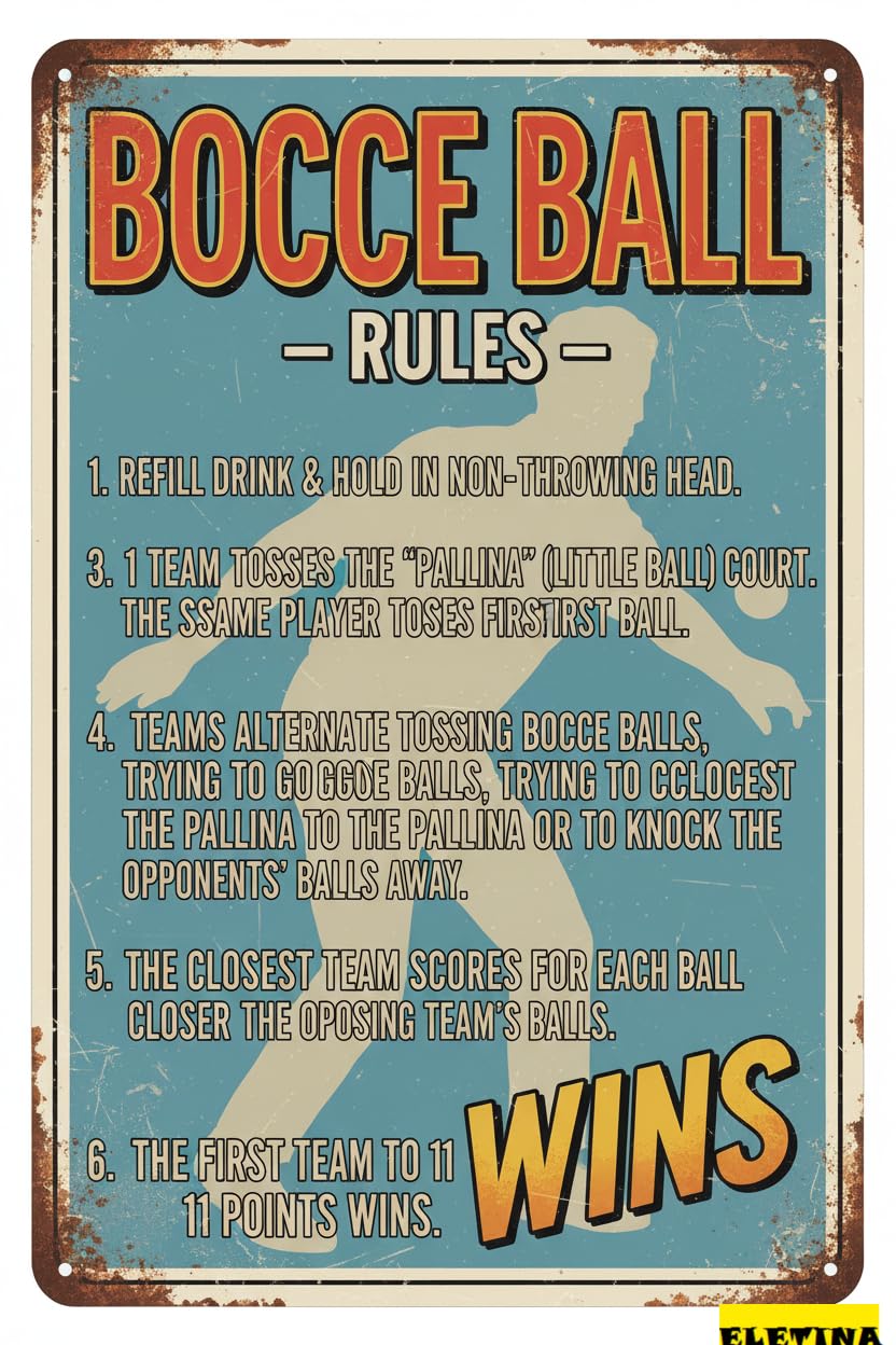 Vintage Metal Tin Sign Bocce Ball Rules Home,living Room,outdoor,club,house,dining Room,room,cafe Bars,restaurants,pubs Wall Decoration 12x8 Inches
