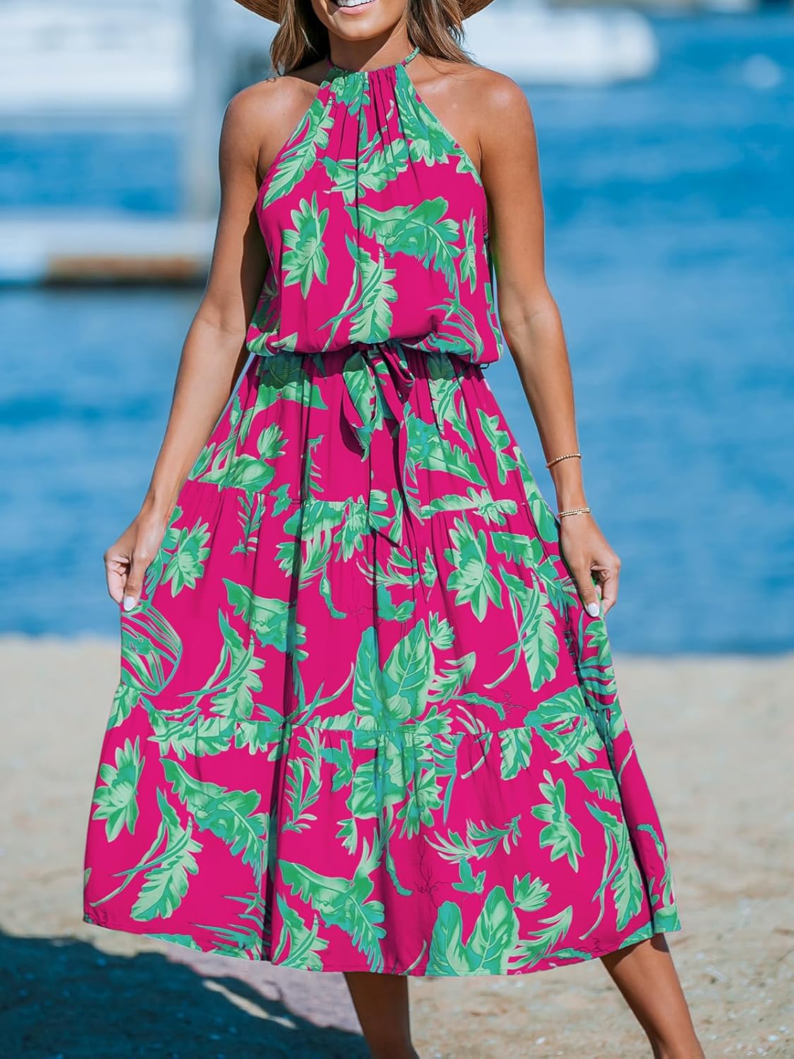 CUPSHE Women's Midi Dress Halter Floral Sleeveless Belted Ruffled A Line Casual Summer Dress - Image 4