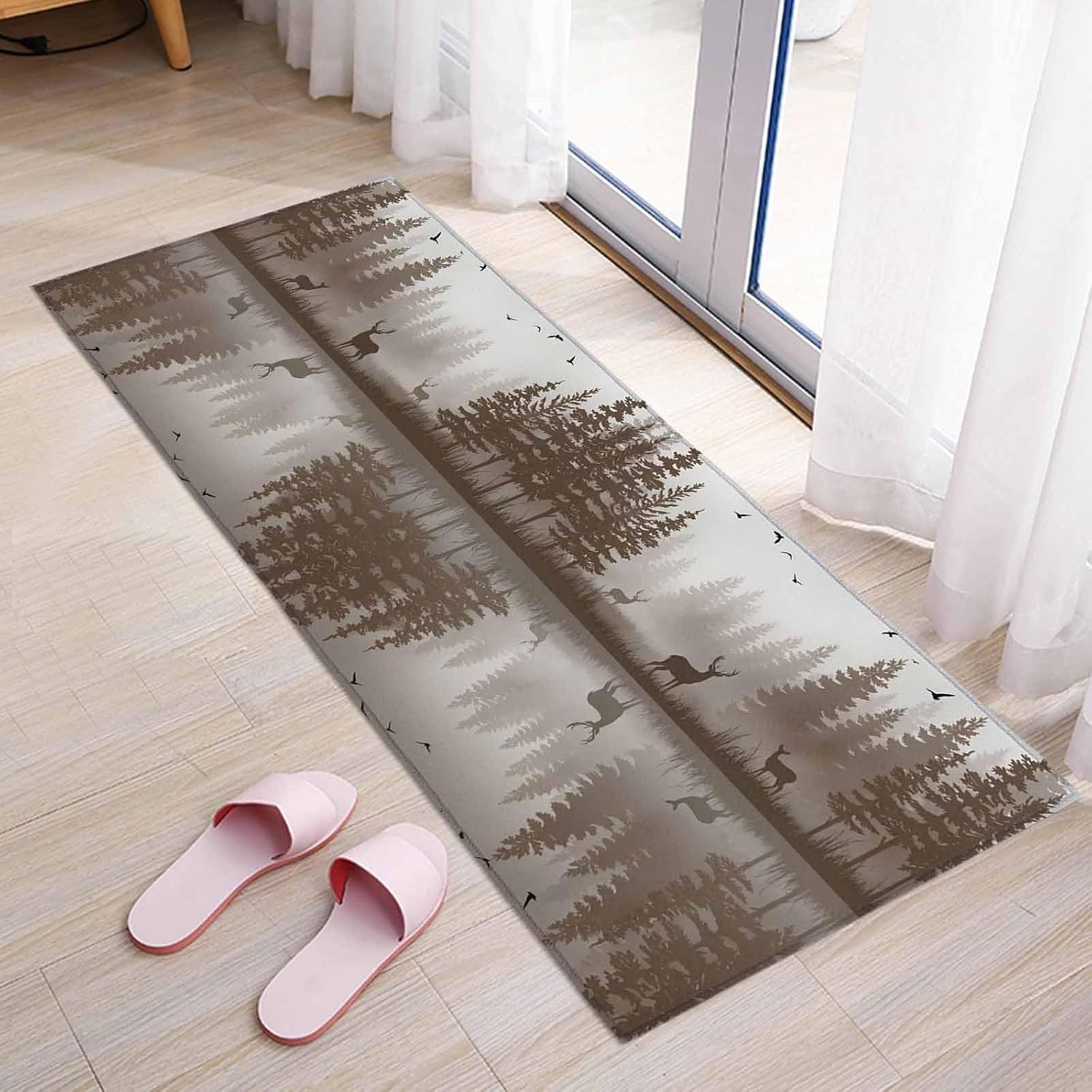 Kitchen Mats for Floor Forest Elk Bird Tree Silhouette Washable Non Slip Kitchen Rugs 1PCS, Animal Plant Natural Landscape Absorbent Standing Mats for Sink Bathroom Office Living Room 23.6x70.9in