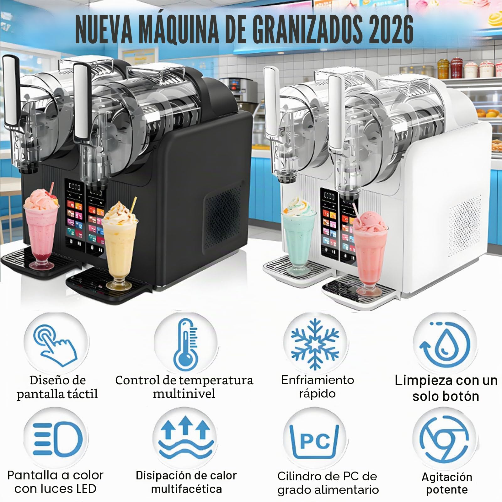 Máquina Para Hacer Granizados, Máquina Para Granizados 7 En 1, Máquina De Helado Suave De Doble Cabezal, Dos Depósitos De 2 Litros, 430 W, Panel Táctil Con Limpieza Automática Black