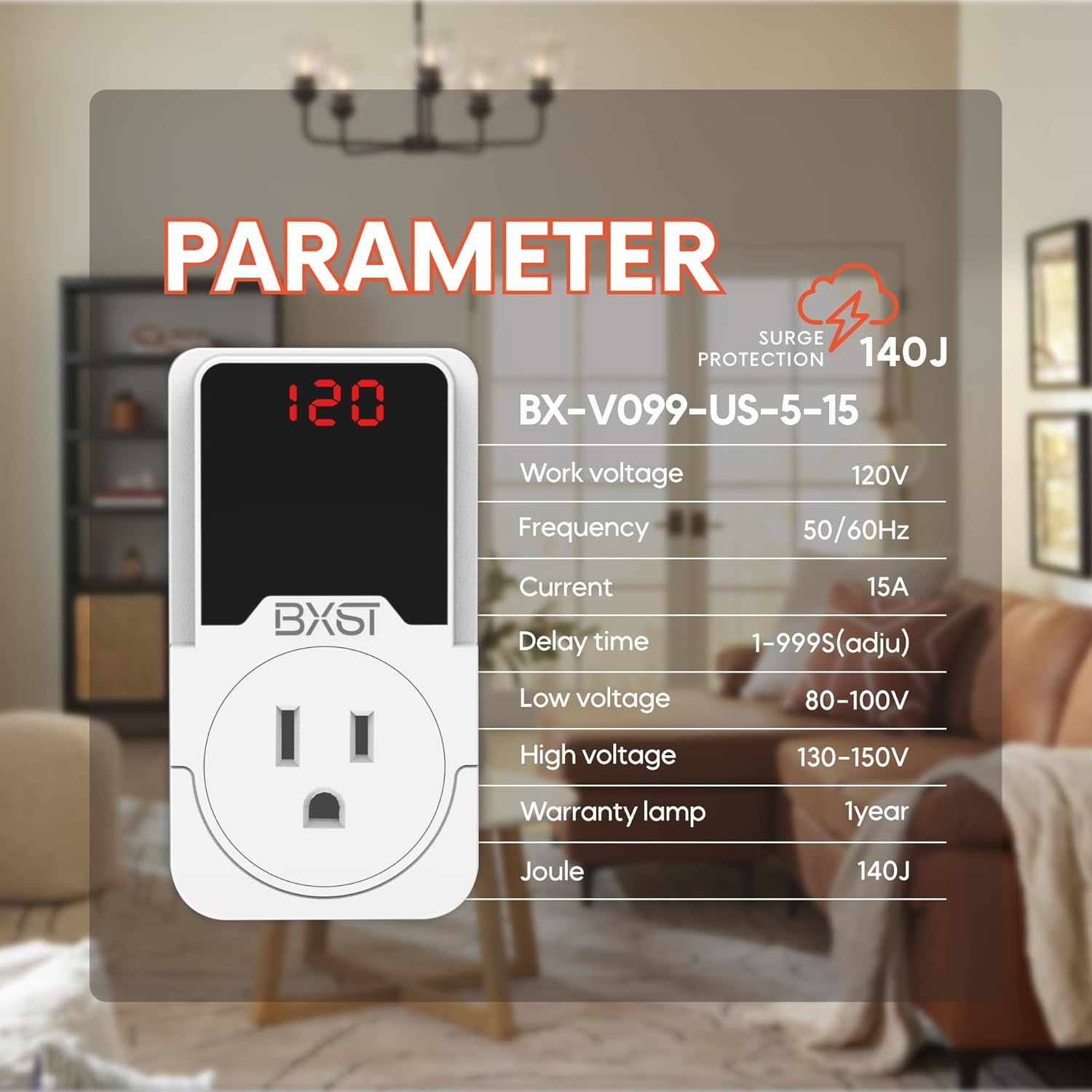 BXST 140J Surge Protector Voltage Protector One Outlet Plug Surge Protector for Refrigerator/Air-Conditioner/Fridge, Home/Office/Travel Portable LED Display Screen, Adjustable,120V, 15A, 1800W - Image 2