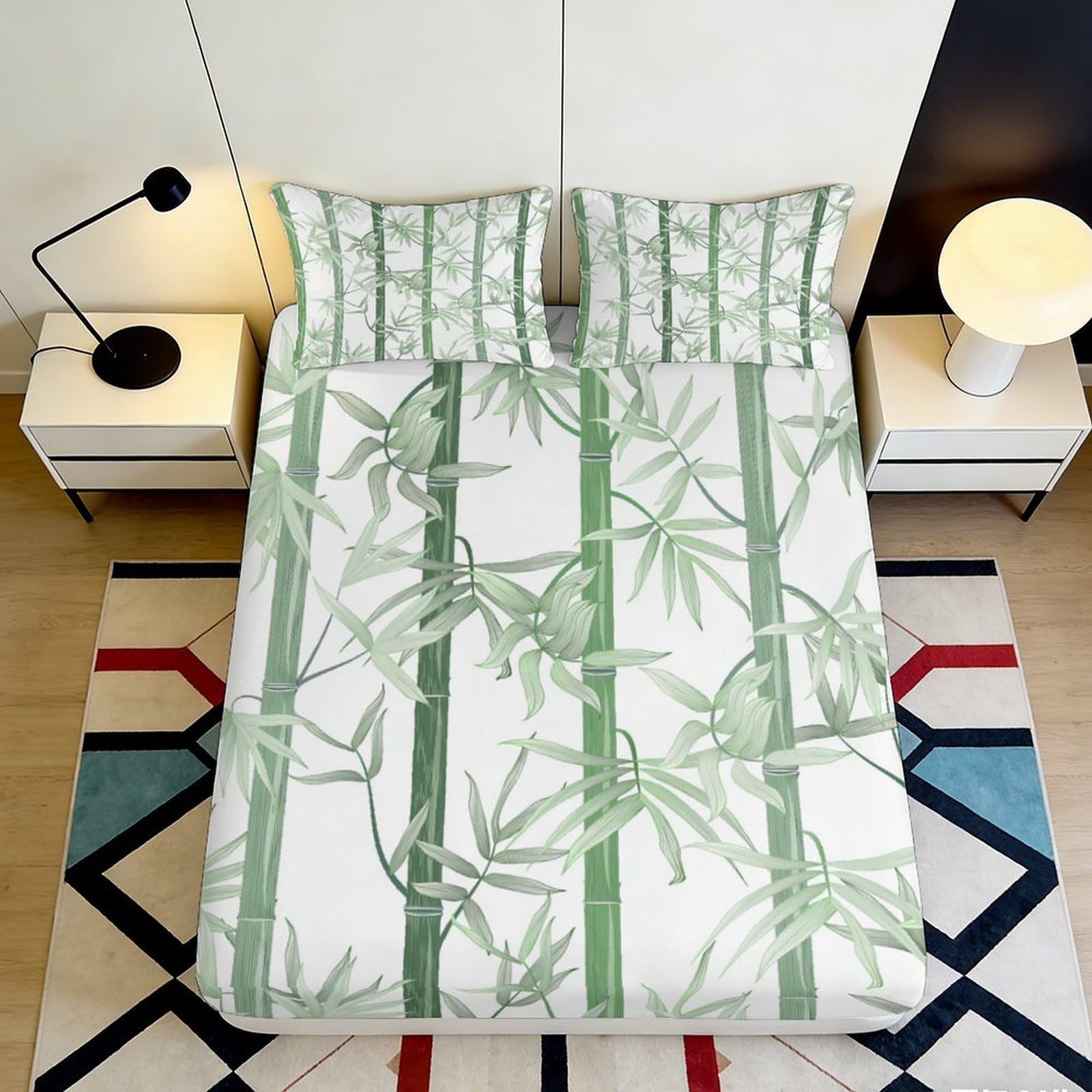 3D Printed Bamboo Leaf Fitted Sheet Microfiber Soft Green Plant Bed Cover for Bedroom Guest Room Dustproof Easy Care 90x200x25cm