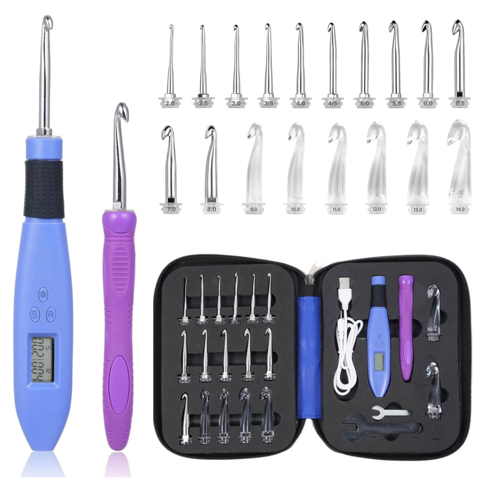 Foxyoo Juego de agujas ergonómicas de ganchillo con luz y contador de puntadas, 18 piezas | Kit intercambiable (2.0-14.0 mm) para aliviar la artritis, principiantes y avanzados, estuche de viaje portátil incluido