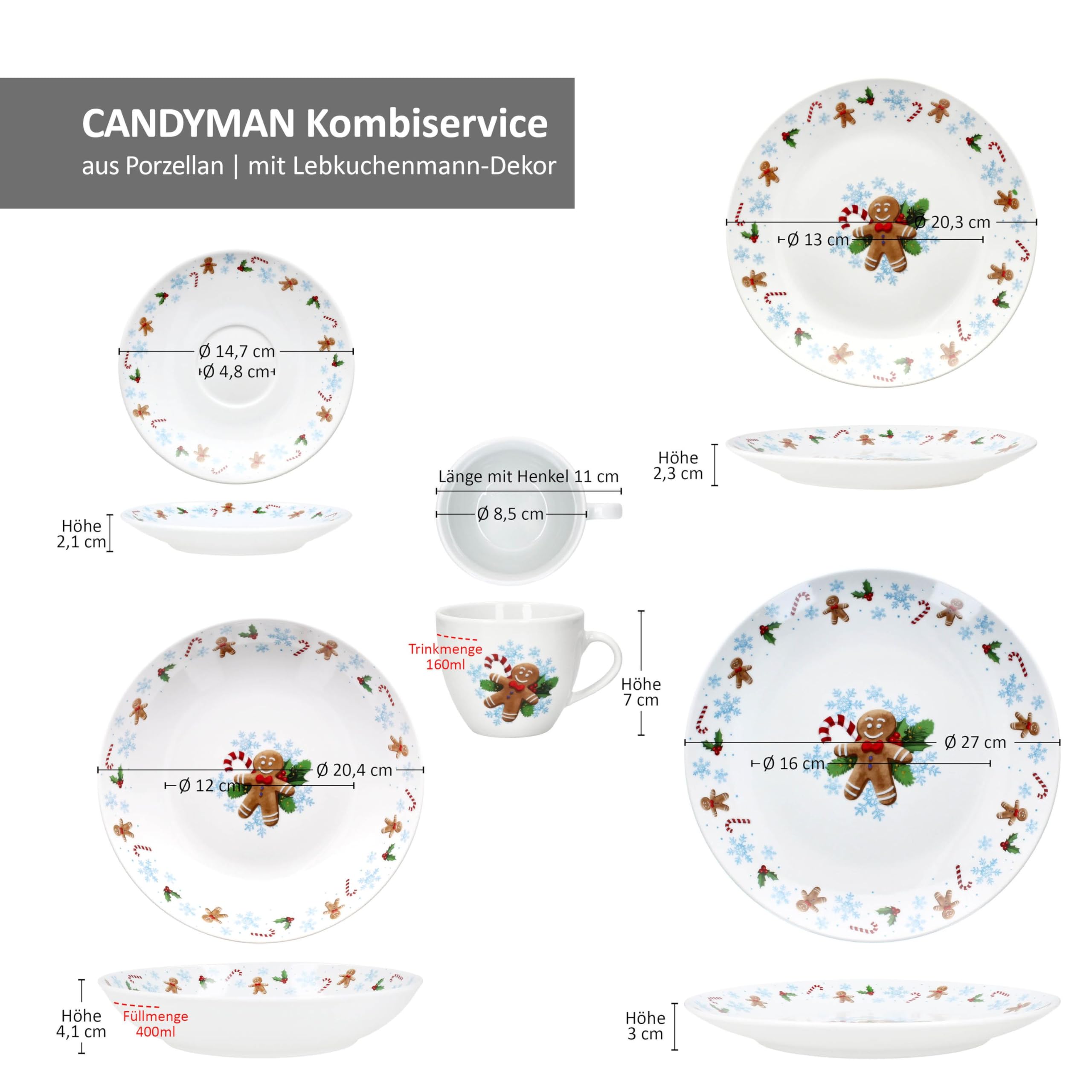 MamboCat Candyman 30tlg Kombiservice I Porzellan-Geschirrset mit Weihnachtsdekor für 6 Personen I Je 6x Speiseteller, Suppenteller, Kuchenteller, Tassen & Untertassen