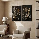 Vintage Floral Wall Art Decor Black Botanical Canvas Art Moody Flower Wall Art Dark Academia Poster Painting Vintage Floral Prints Pictures for Bedroom Living Room 16x24 Inch Framed Set of 2